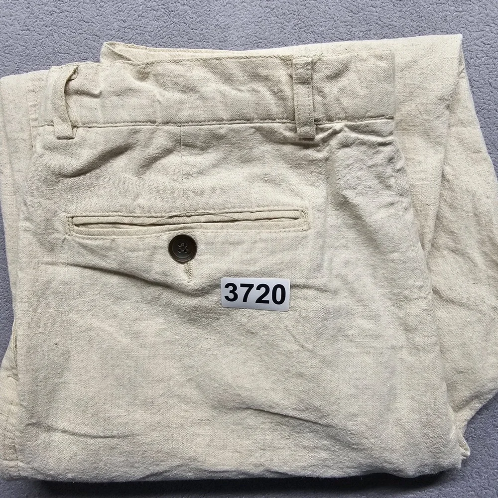 Perry Ellis Mens Beige Linen Cotton Pleated Straight Leg Trousers Size 34